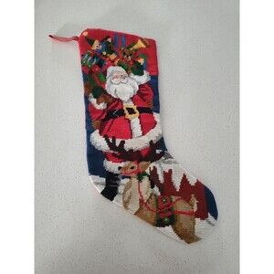 Needlepoint Christmas Stocking Santa With Reindeer And Toys Red Fabric Back